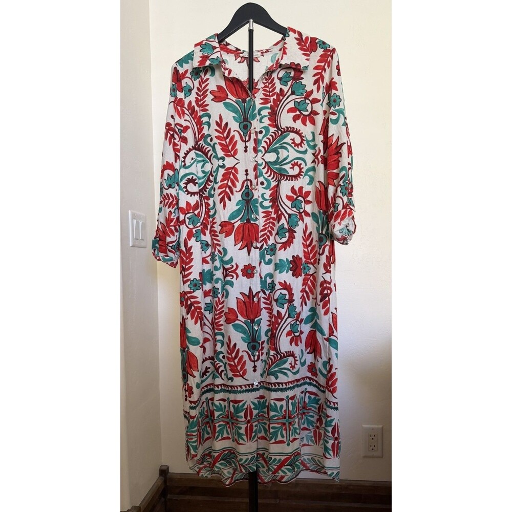 FIG + FLOWER Women’s Woven Rayon Shirt Dress XL Floral Midi Boho Anthropologie